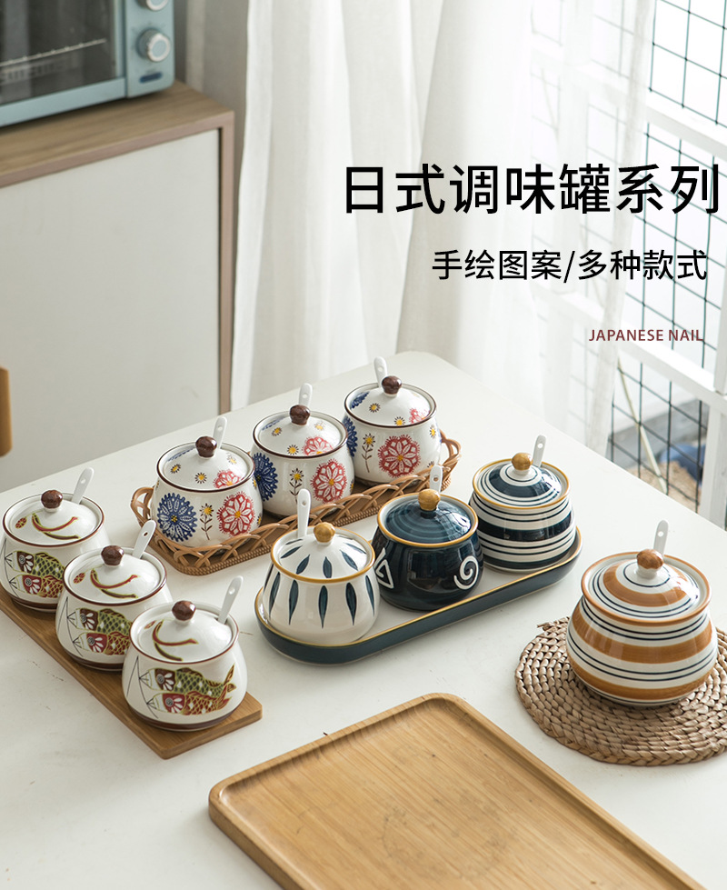 日式调味罐陶瓷猪油罐耐高温大容量厨房餐具带盖勺多款式热销套装详情1