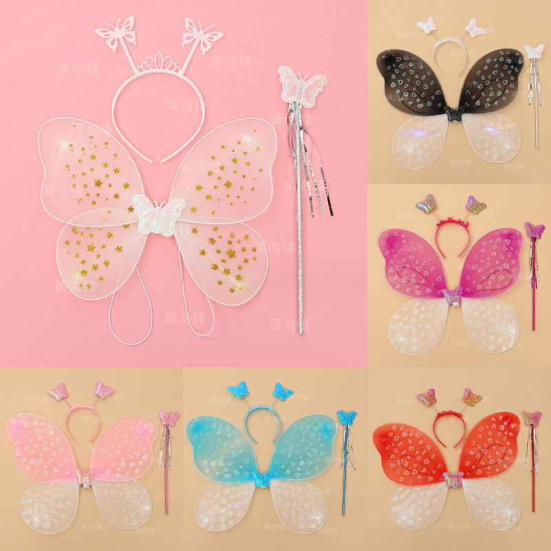儿童昆虫蝴蝶翅膀三件套跨境节庆表演道具发箍魔法棒蝴蝶精灵套装                              详情1