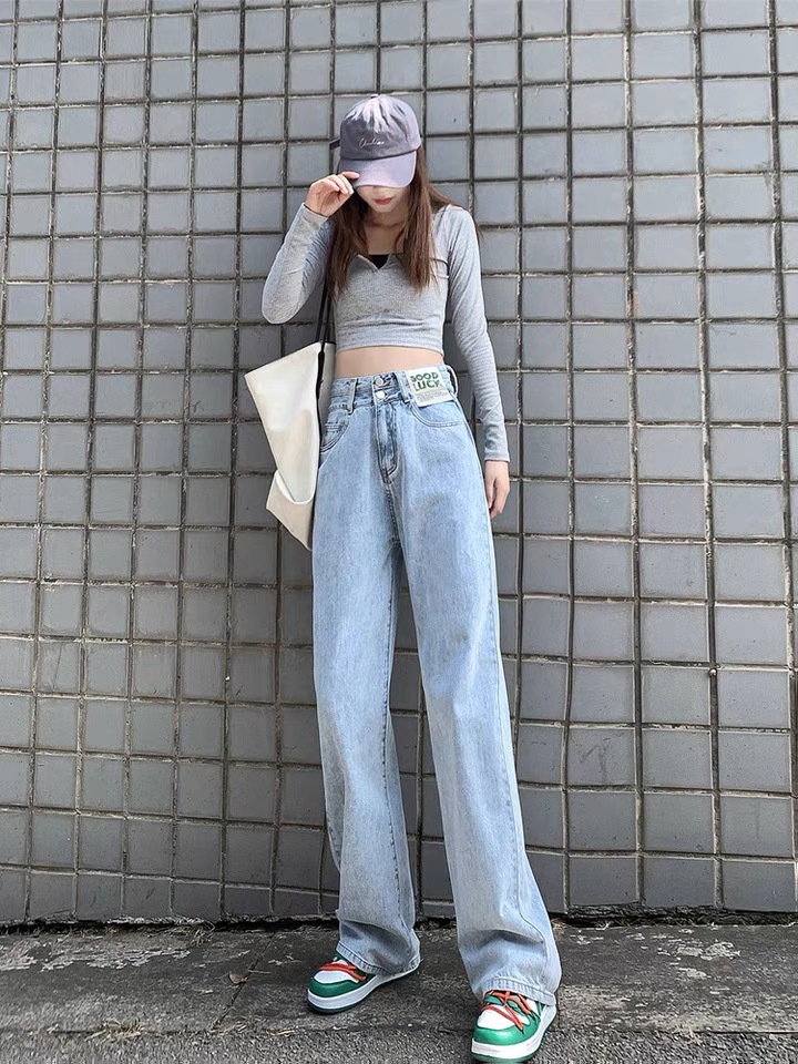 2022 Summer new style denim long pants for women, Korean high-waisted, slimming, floor-length wide-leg pants, wholesale from foreign trade street stalls pic 16