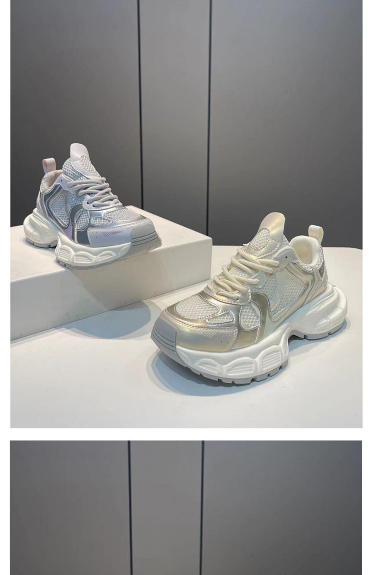 欧洲站厚底老爹鞋女2024新款荧光银色小白鞋春夏秋冬季透气运动鞋详情7