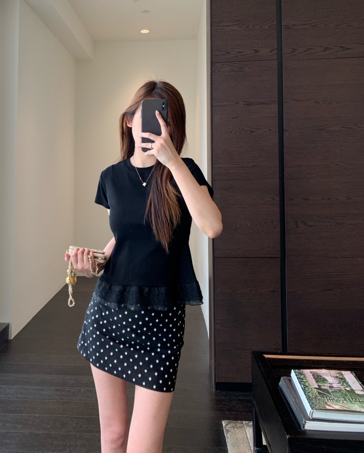 A13512甜美少女感 设计感下摆蕾丝花边拼接显瘦短袖T恤女春夏新详情16