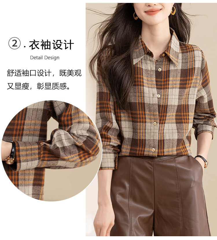 复古格子衬衫女长袖秋冬装新款中长款宽松上衣设计感小众磨毛衬衣详情8