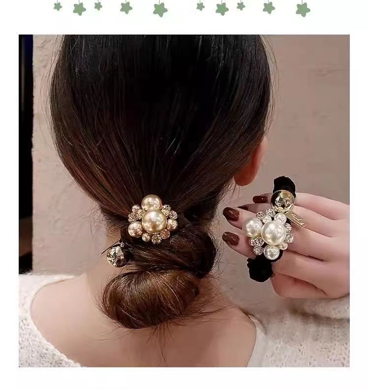 韩国风头花珍珠头饰发圈女高级感扎头发头绳丸子头神器皮筋发饰详情3