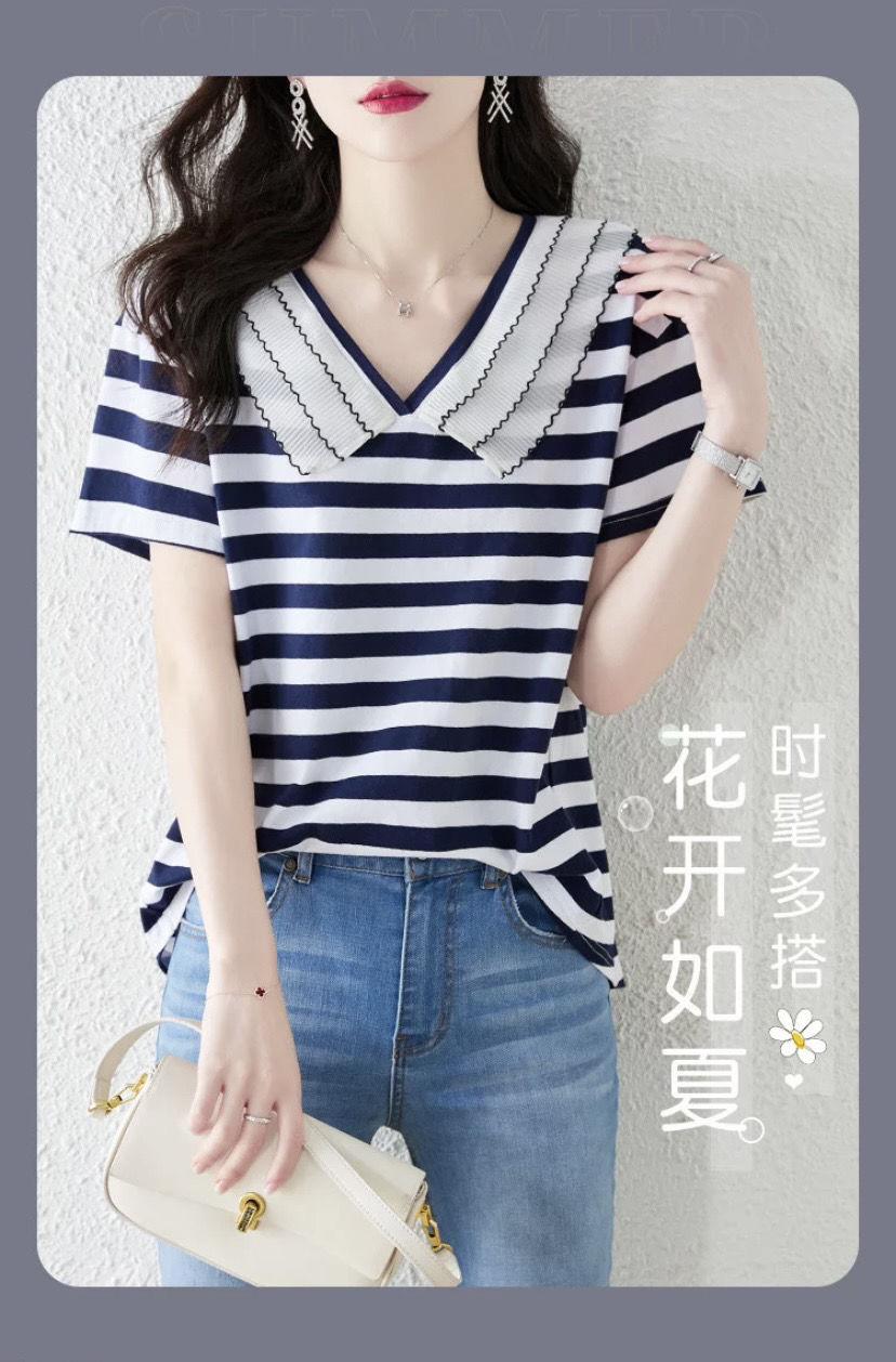 95棉 2022年夏季女小衫新品宽松简约百搭气质女装宽松条纹小衫T恤详情2