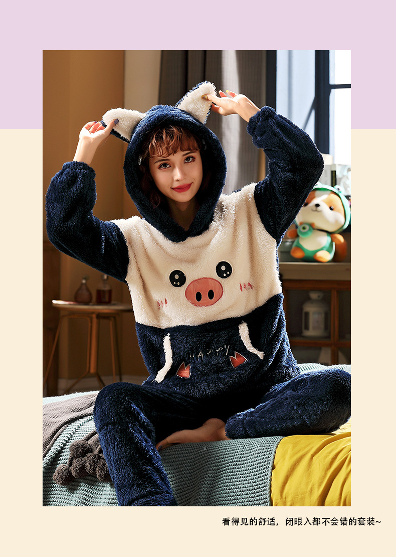 长毛绒冬季卡通情侣加厚加绒睡衣女帽子外穿法兰绒套装男士家居服详情19