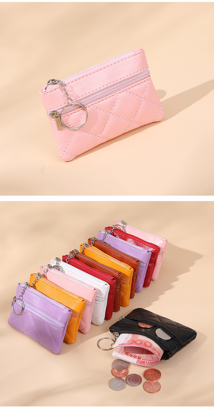 新款钱包女双层短款手拿包时尚菱格绣线卡片钥匙包迷你零钱包潮详情12