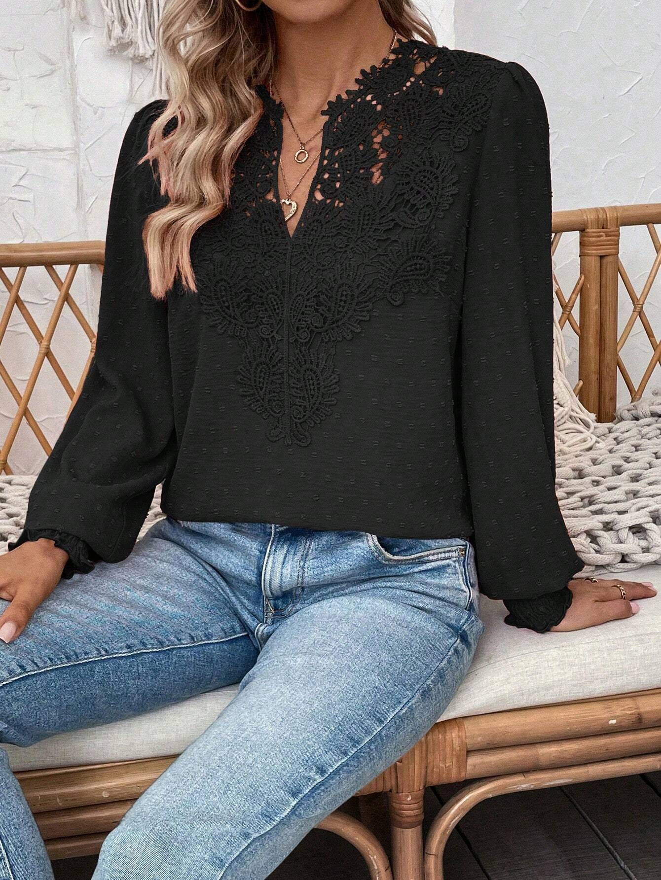 The new autumn and winter fashion V-neck lace solid color long-sleeved casual T-shirt for women on Amazon Cross-border in Europe and America in 2024 pic 38