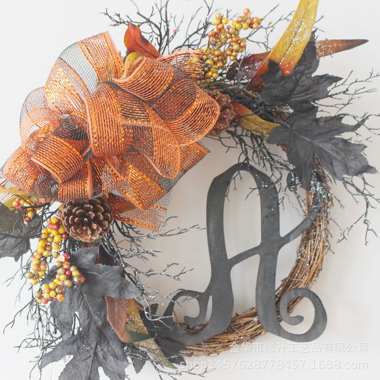 Desheng Cross-border E-commerce Amazon Halloween Simulation black maple leaves, pumpkins, ribbons, branches, wooden signs, rattan rings, garlands pic 3