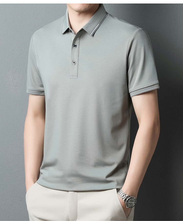 纯色桑蚕丝男士短袖t恤外贸夏季2023新款潮流高级感男装翻领上衣详情20