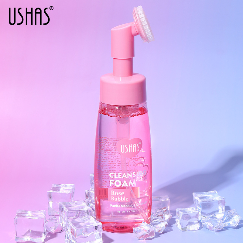 USHAS跨境现货热销玫瑰洁面泡沫慕斯洗面奶深层清洁带刷头洁面详情13