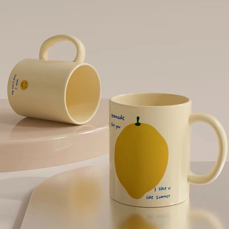 Creative InS-style original Korean cream yellow mug, beige ceramic cup, large-capacity coffee cup pic 5