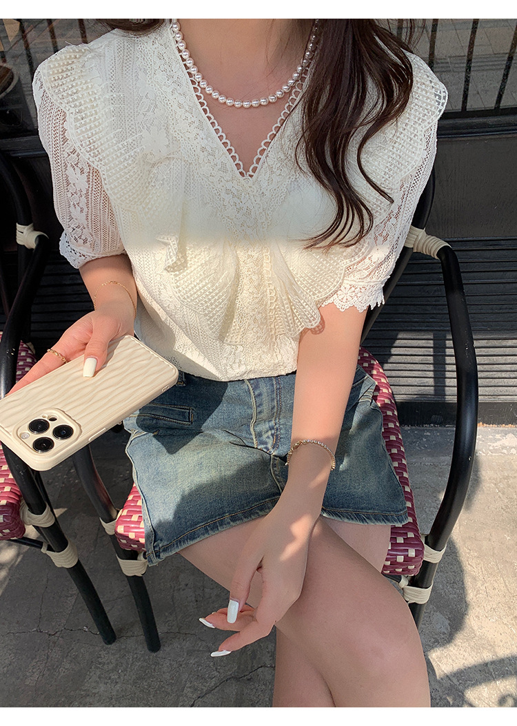 现货2024夏季新款韩版百搭短袖蕾丝衫女上衣夏详情9