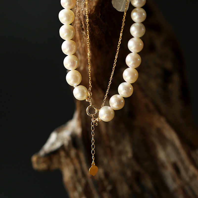 Pure gold K gold handcrafted natural nearly round freshwater pearl bracelet, 18K gold chain hanging amethyst, original DIY for women pic 11