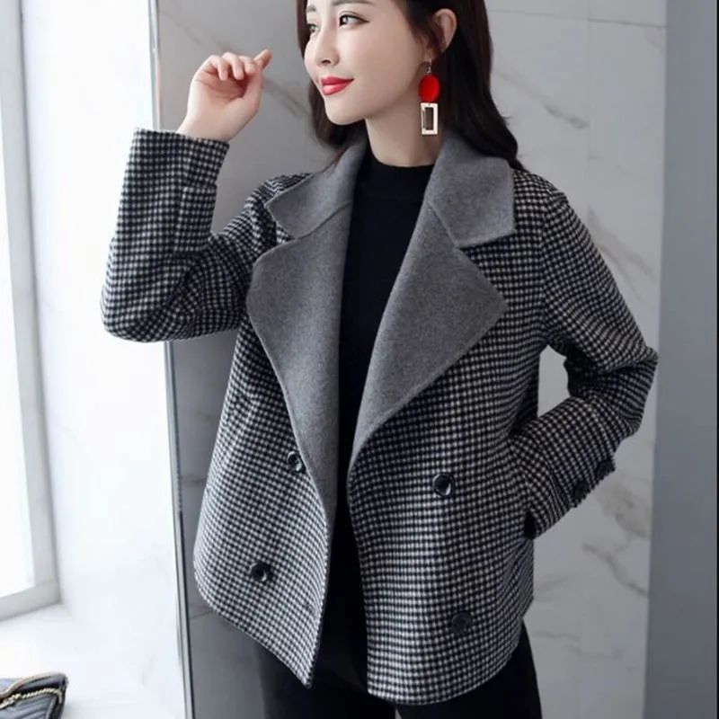 小香风格子短款外套女2022秋冬款韩版时尚高端气质百搭毛呢大衣详情3