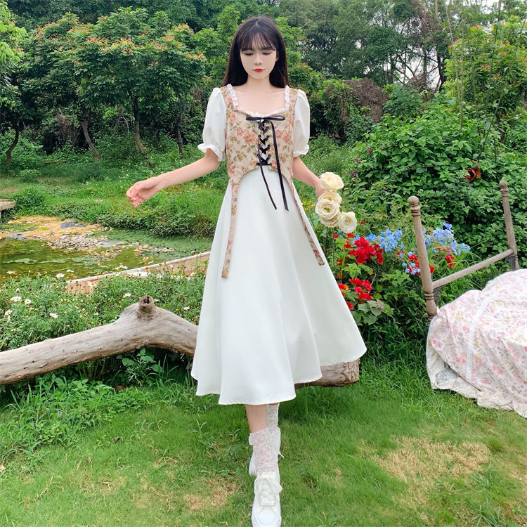 大码法式气质设计感假两件连衣裙女夏季初恋甜美泡泡袖衬衫长裙子详情3