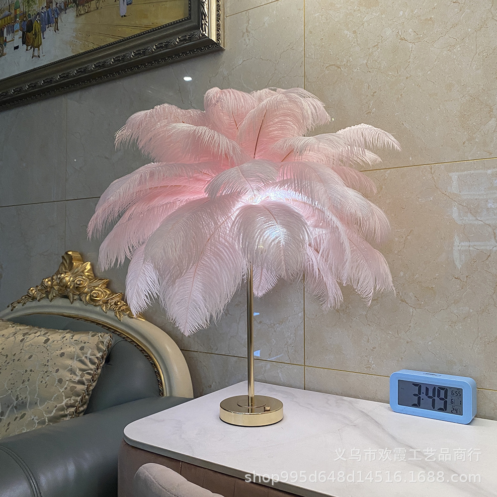 Rechargeable ostrich feather desk lamp, bedroom bedside lamp, creative Nordic light luxury romantic night lamp, warm decorative desk lamp pic 15