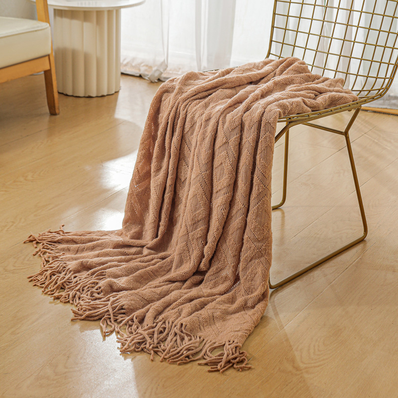 Ins-style soft solid-color acrylic warp knitted jacquard checkered blanket sample room homestay decoration camping blanket pic 12