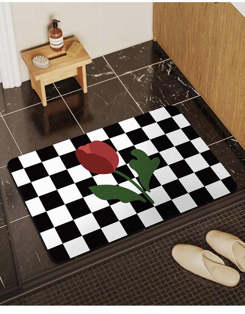 黑白棋盘格笑脸厨房进门防滑地毯硅藻泥软垫卫生间吸水速干脚垫子详情8
