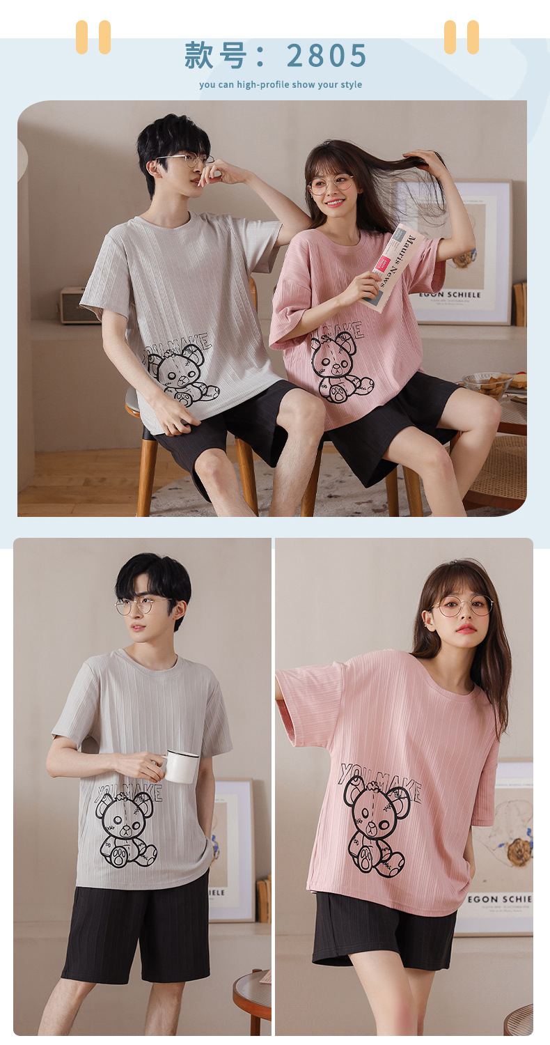 Novedades pareja manga corta pantalones cortos pijamas mujer verano slim algodón peinado hombre traje de hogar suelto casual cartoon pic 105