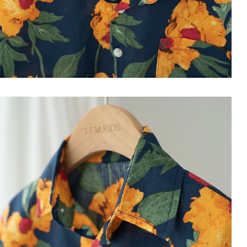 A new short-sleeved Hong Kong-style floral print shirt set for children and boys in 2024, a two-piece summer outfit pic 8
