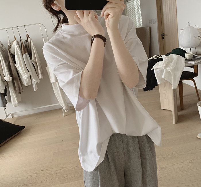 琪镌绘制半高领t恤女式春夏季新款宽松显瘦韩版简约半袖减龄棉质详情8