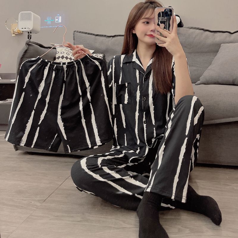 20款直播短袖开衫仿棉INS夏季情侣睡衣居家休闲宽松家居服三件套详情14