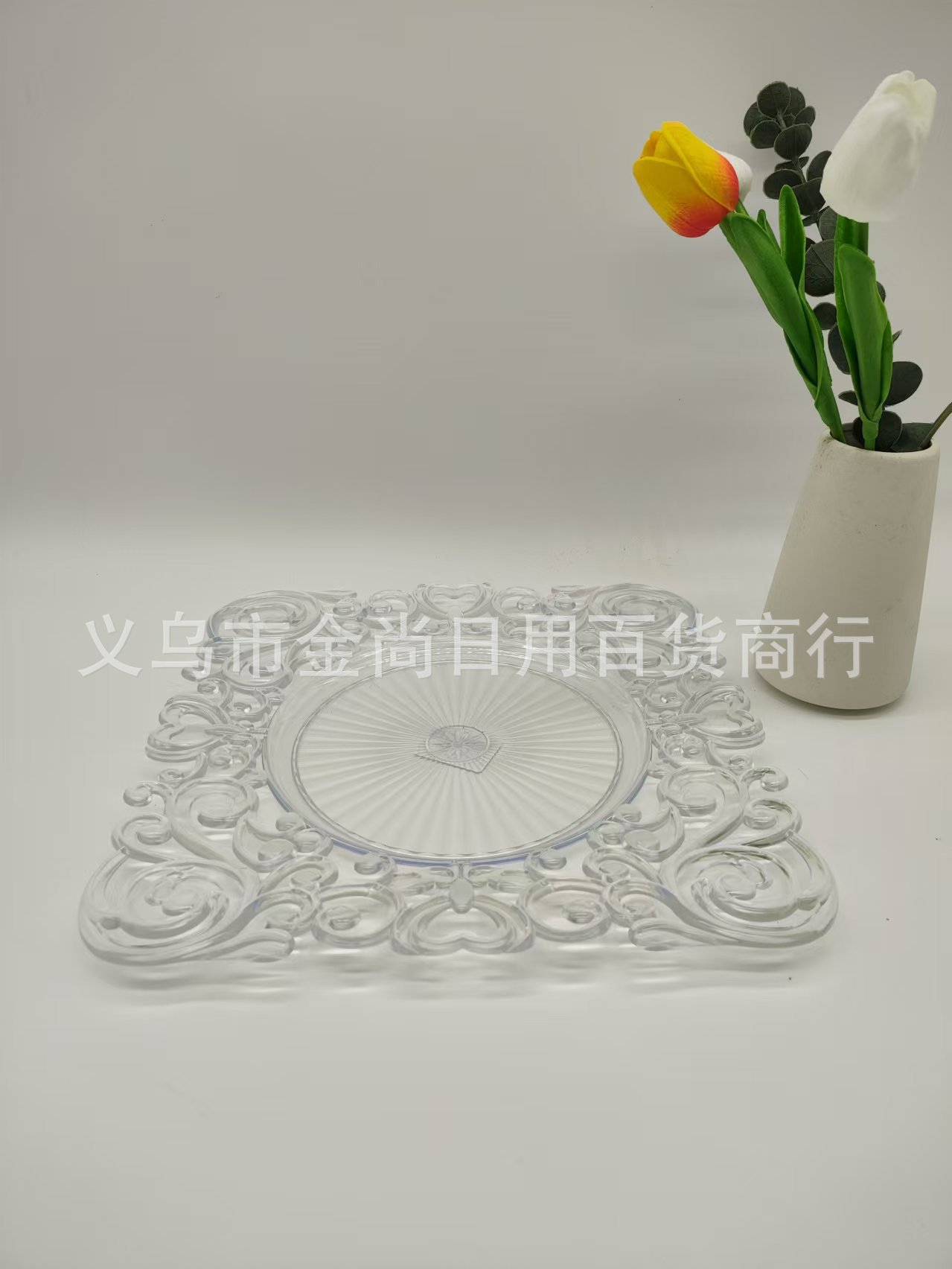 Foreign trade transparent wedding hotel party spray painting process decoration plastic deep fruit plate, gold transparent large fruit plate square pic 1