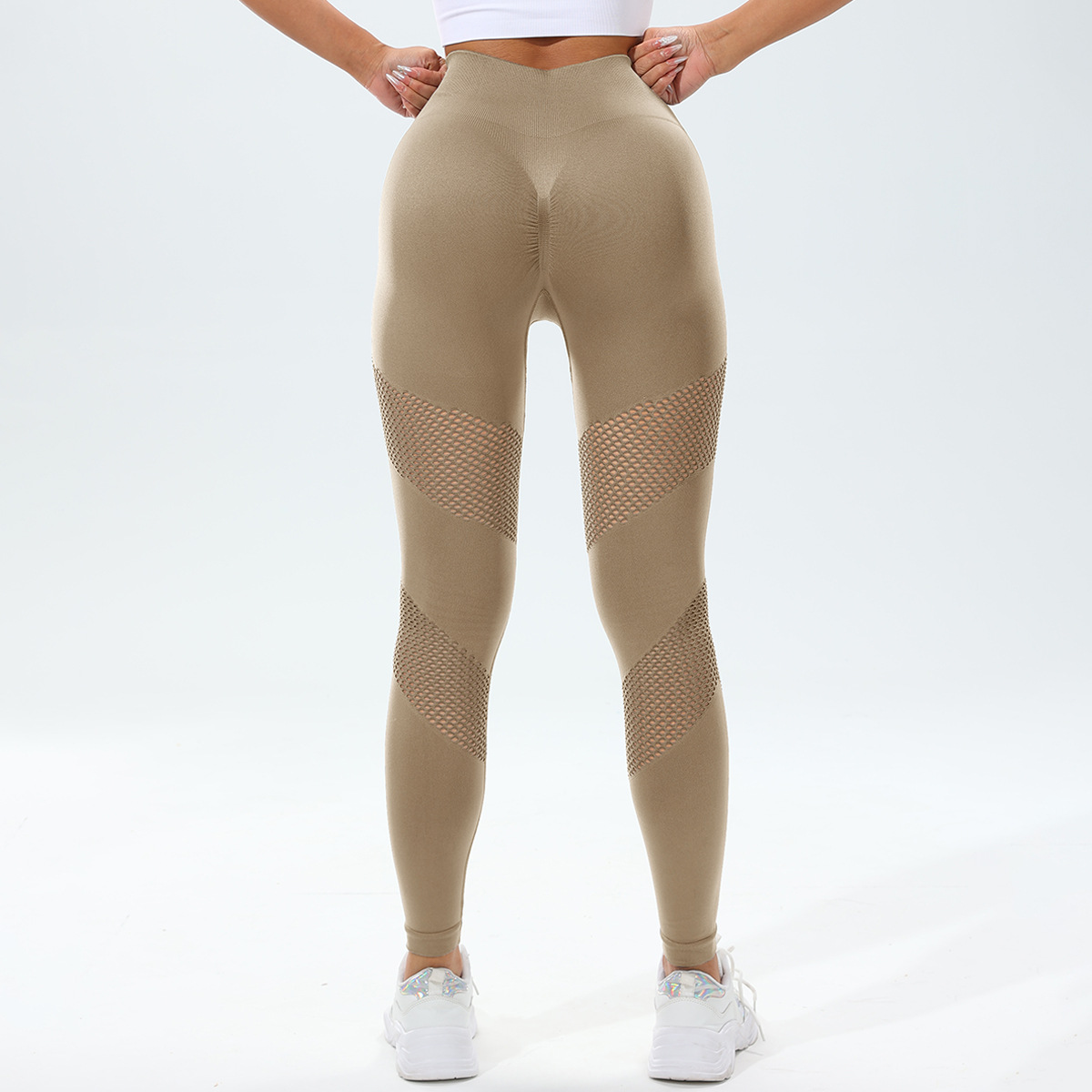 欧美跨境镂空瑜伽裤网孔透气无缝弹力高腰性感提臀运动健身裤女详情31