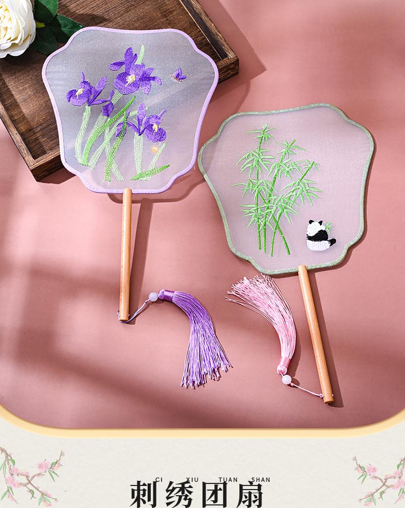 国潮刺绣团扇古风女旗袍汉服舞蹈专用扇中国风非遗成人儿童手持小圆扇详情1