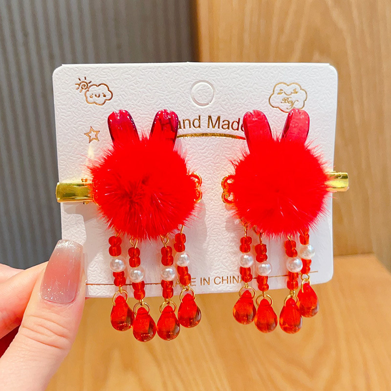 新年款红色古风流苏发夹儿童汉服发卡头饰女童复古蝴蝶结发夹发饰详情56