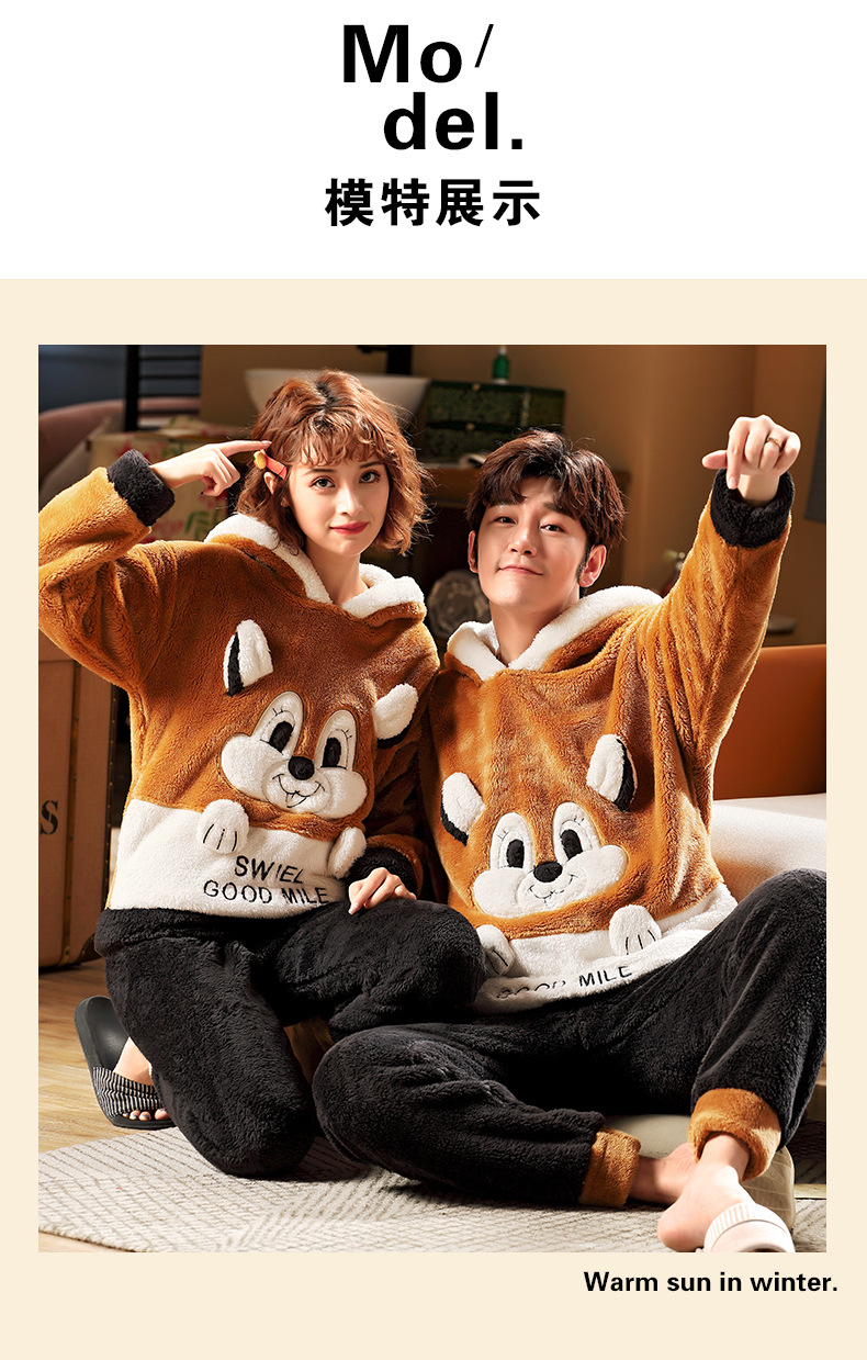 长毛绒冬季卡通情侣加厚加绒睡衣女帽子外穿法兰绒套装男士家居服详情104