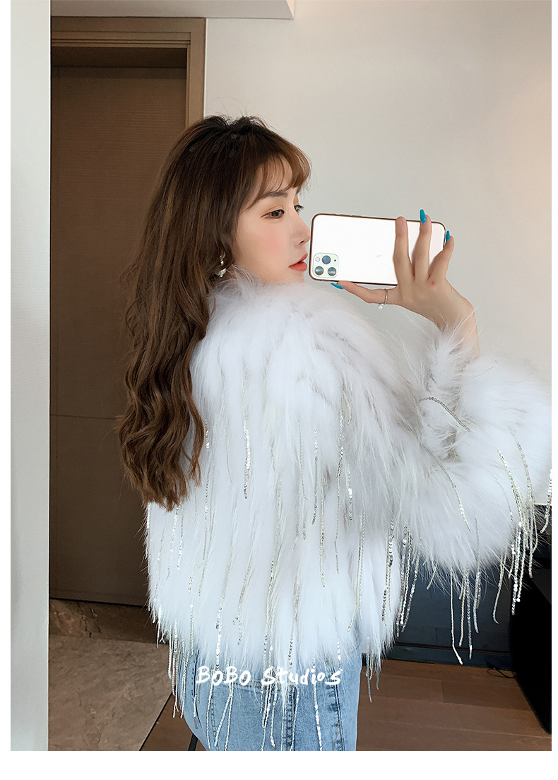 高端定制Biling水钻流苏亮片车条貉子毛编织仿皮草外套女短款网红详情10