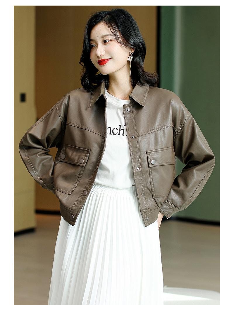 纯色单排扣PU皮衣女2022年春秋新款时尚韩版翻领长袖机车服外套详情11