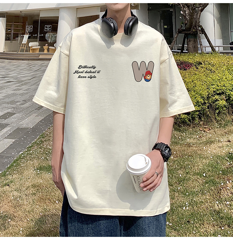 Camiseta de manga corta de estilo americano de algodón pesado hombre verano 2024 nuevo oso estampado estado de moda puerto estilo chico camiseta pic 20