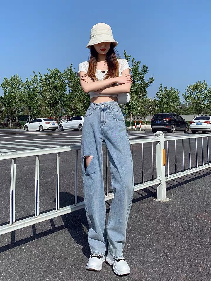2022 Summer new style denim long pants for women, Korean high-waisted, slimming, floor-length wide-leg pants, wholesale from foreign trade street stalls pic 34