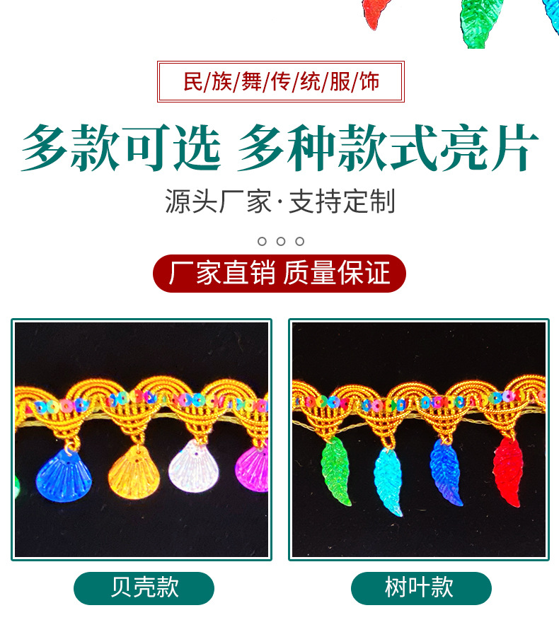 现货供应七彩镭射树叶贝壳花边亮片宝塔流苏民族服装配饰DIY辅料详情2