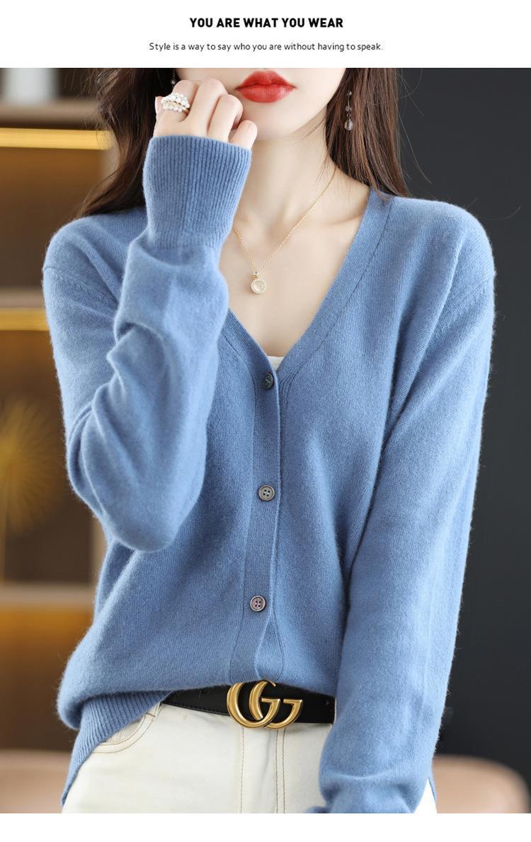 New Spring and autumn knitted cardigan for women, V-neck loose short solid color long-sleeved versatile sweater coat made of wool blend pic 56