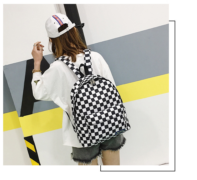 原宿街头学院风chic书包男女背包港风黑白棋盘格子ins帆布双肩包详情12