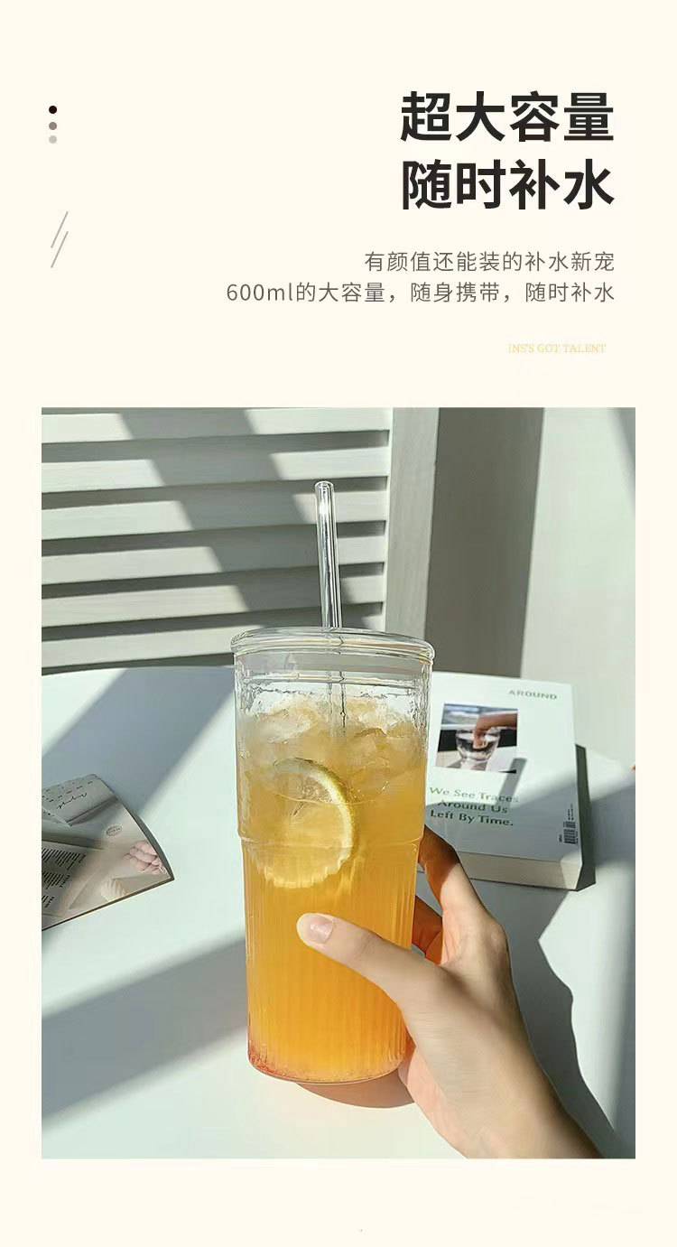 ins风竖条纹玻璃杯喝水杯子带盖高颜值家用牛奶杯夏季大容 量水杯详情2