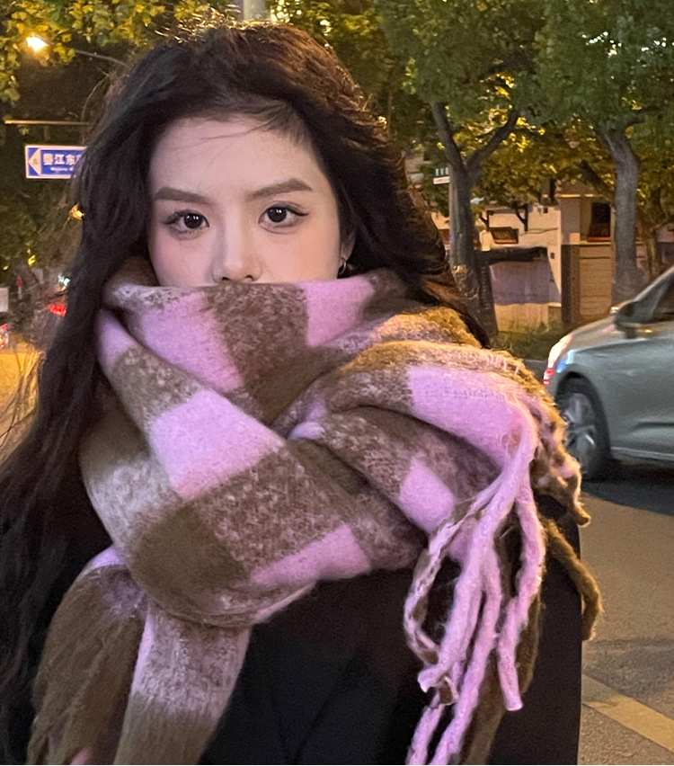 秋冬季围巾女千鸟格仿羊绒针织保暖加厚高级感韩版学生情侣围脖详情11