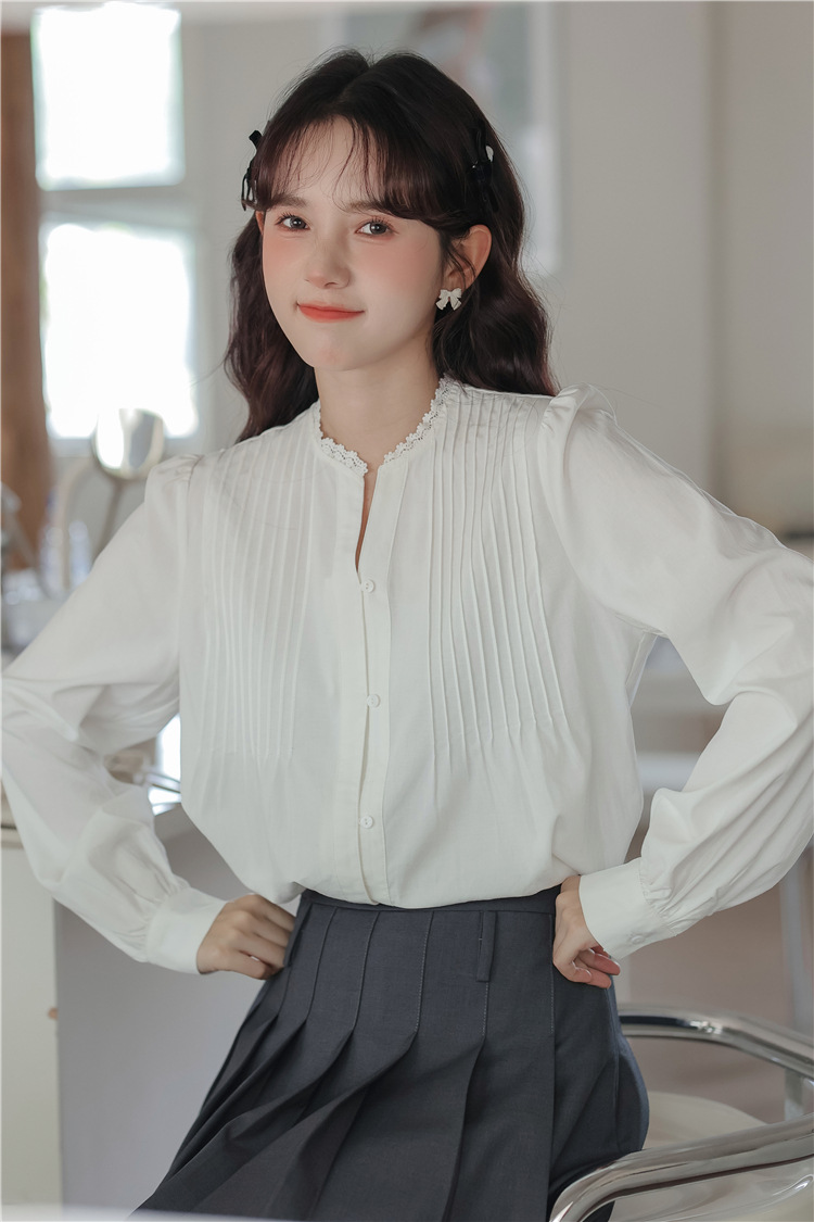 2024秋季新款韩版法式v领蕾丝衬衣女设计感褶皱长袖衬衫宽松上衣详情13