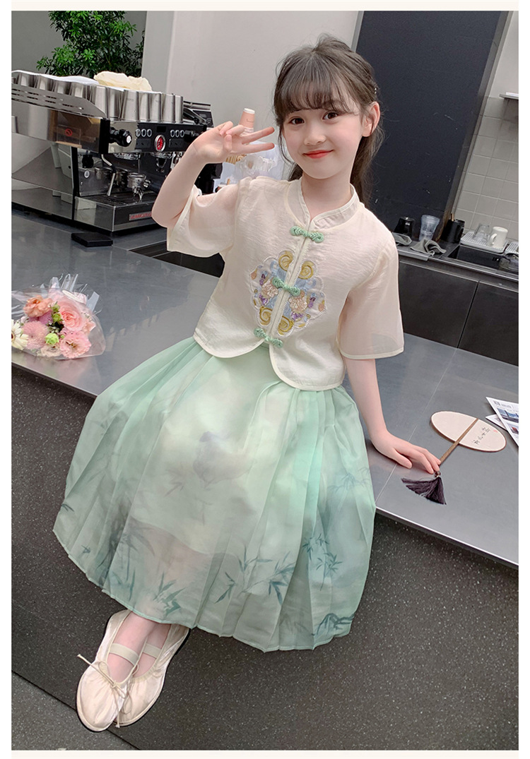 女童套裙2024新款中大童洋气国风刺绣汉服夏季短袖马面裙两件套详情19