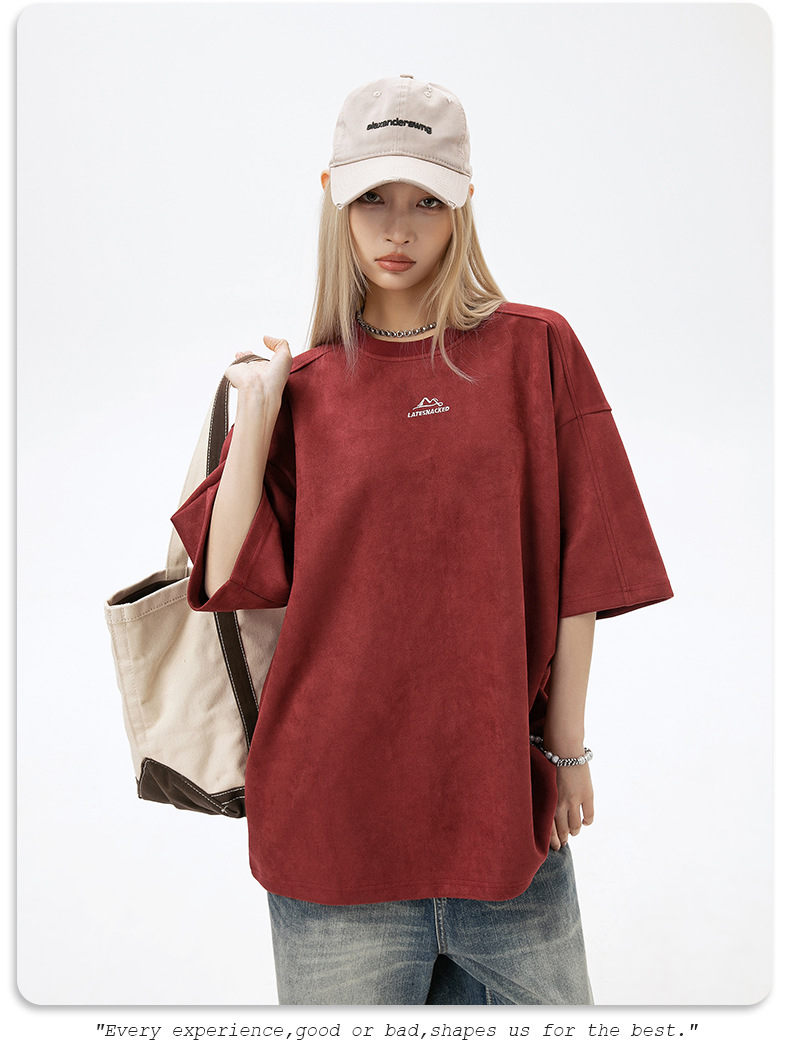 韩路男装 麂皮绒美式圆领T恤男女款夏季宽松质感刺绣潮牌短袖体恤详情21