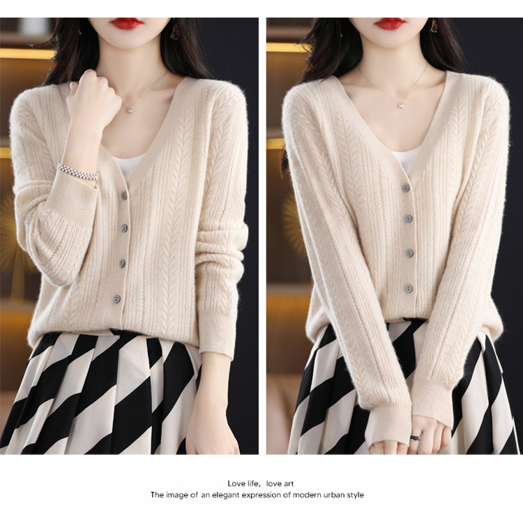 绒狼2023秋冬新款女士V领羊毛针织麻花开衫宽松长袖短款外套女详情9
