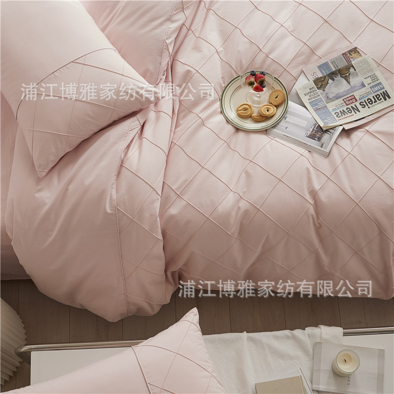 Wholesale of high-quality three or four-piece sets of washed cotton 40-count hand-knitted rhombus-shaped checkered plain pure cotton bedding pic 12