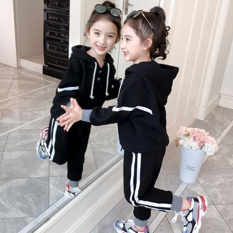 外贸加绒秋冬季2022新款儿童女童服装拼接连帽卫衣套装两件套批发详情20