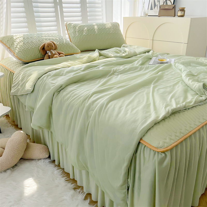 Thai solid-color cool silk latex bed skirt style cool mat four-piece set, air-conditioned quilt, soft cool mat, cool mat, summer cool quilt pic 4