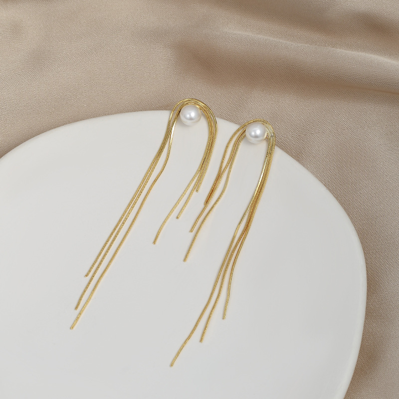 925银针韩版时尚气质耳环女小众设计感珍珠流苏耳饰ins风长款耳钉详情2