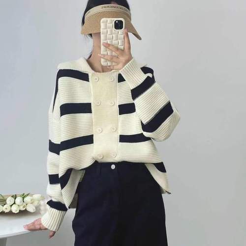 撞色针织开衫上衣女2022秋冬新款宽松慵懒风外穿软糯毛衣外套女装详情19