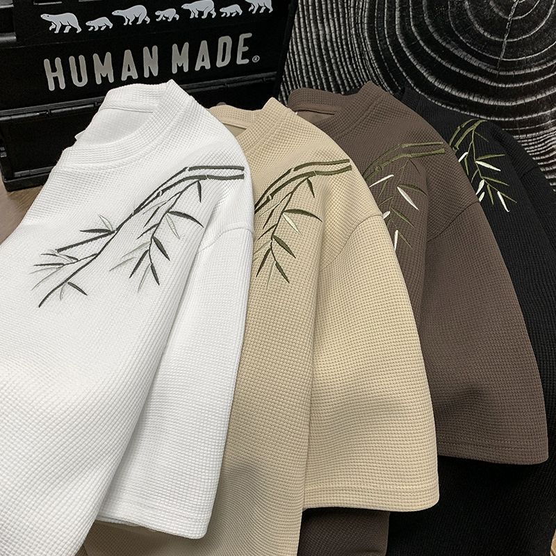 国潮华夫格新中式短袖t恤男士夏季国风高街潮牌复古体恤宽松休闲上衣 pic 2